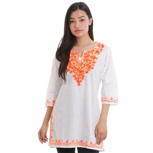 White Orange Kashmiri Embroidered Floral Design Cotton Kurtha Tops For Women